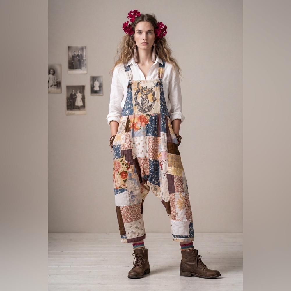 “Clochard de Luxe” Patchwork Floral Overalls in Blue, Cream & Brown - Picture 11 of 12